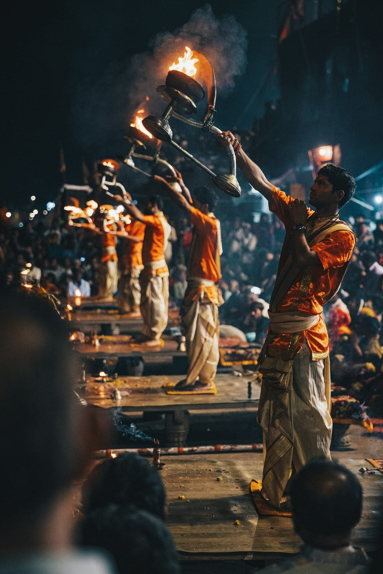 Priests performing the Ganga aarti in Varanasi